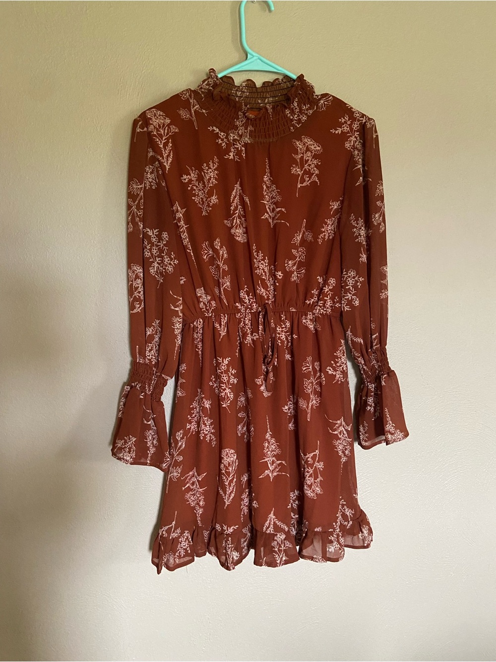 Women’s Rust Floral Long-Sleeve Ruffle Dress
